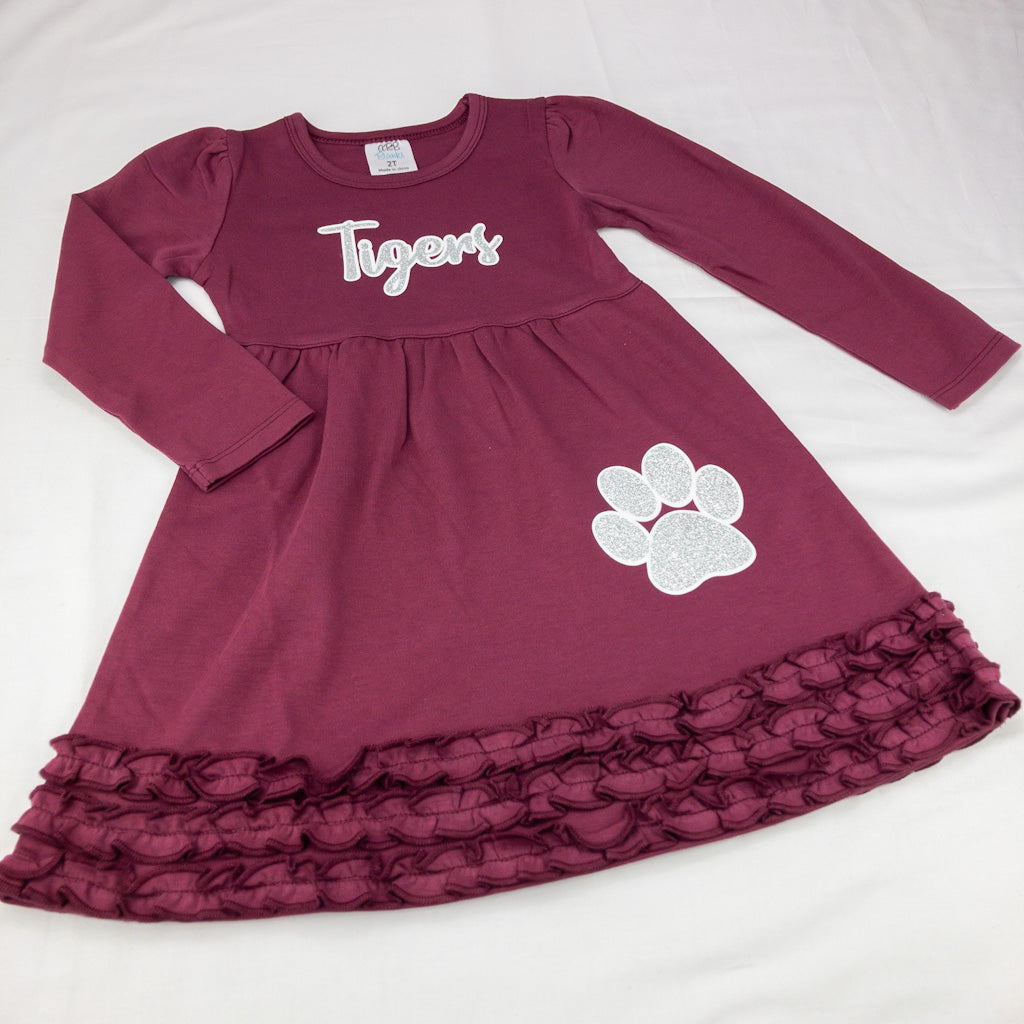 Tigers maroon ruffle long sleeve dress
